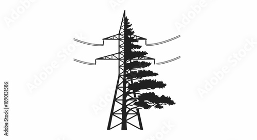 Power line tower merges with a silhouette of a pine tree, symbolizing nature and energy.