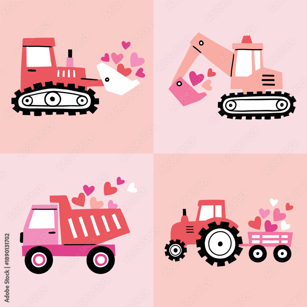 custom made wallpaper toronto digitalValentine's Day construction trucks on isolated pink background. Hand drawn clipart with bulldozer and hearts. 