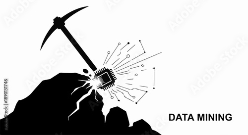 Digital data extraction symbolized by a pickaxe striking a microchip, revealing glowing circuits.