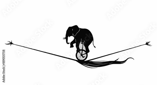 Whimsical elephant balances expertly on a unicycle while walking a tightrope.