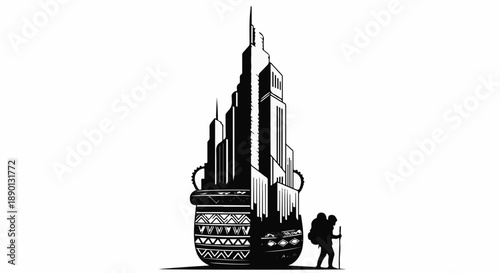Adventurer stands before a towering, ornate vase filled with a city skyline, symbolizing journey and discovery.
