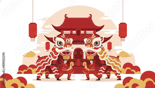 Traditional Chinese Lion Dance Performance Illustration, Perfect for Lunar New Year Events, Cultural Posters, and Decorations
