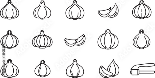 Garlic Line Art Icon Set for Organic Food Branding, Healthy Cooking, Kitchen Illustrations, and Farm Designs