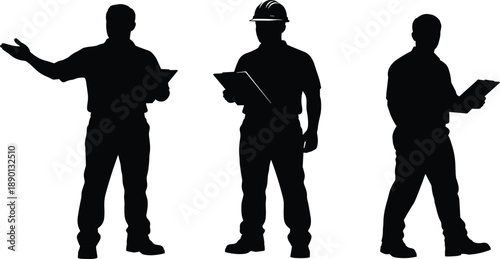 Collection, of, black, silhouettes, featuring, professional, industrial, workers, and, supervisors, holding, clipboards, for, construction, engineering, management, site, inspection, and, logistics.