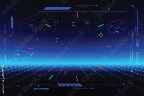 Game retro sci-fi background, futuristic 80s grid landscape, cybernetically textured surface, 3D illustration.