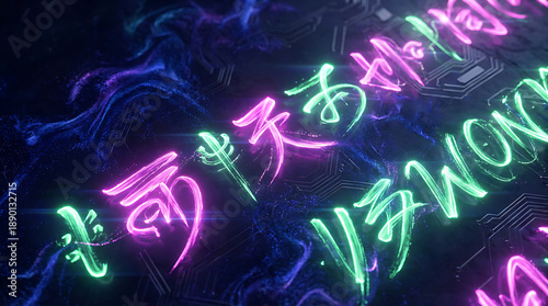 Neon Japanese Characters Illuminated in Dark.