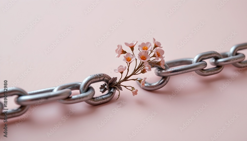 Fototapeta premium A broken chain link, with the broken ends blossoming into delicate metal flowers, silver and blush pastel background, sharp high key studio lighting, metaphorical composition, clean negative space