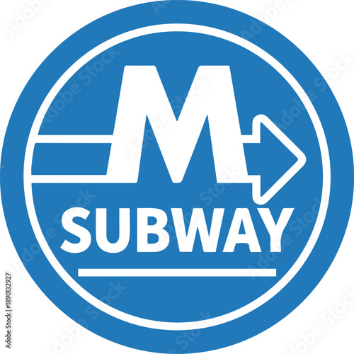 Blue subway transit logo vector illustration. Circular badge featuring a stylized letter M merging into a directional arrow with text, isolated on white background.
