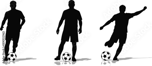 Collection, of, black, silhouettes, featuring, soccer, players, in, action, poses, including, dribbling, and, kicking, a, ball, for, sports, and, fitness.