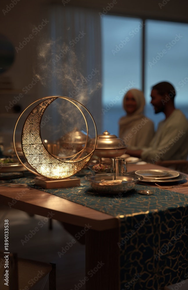 Obraz premium Crescent moon lamp on dining table during Ramadan iftar