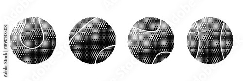 Tennis ball in bitmap effect,silhouette, black and white, tennis racket icons, set in different angles. for tennis design, app interface, infographics or game elements. vector, isolated on white backg