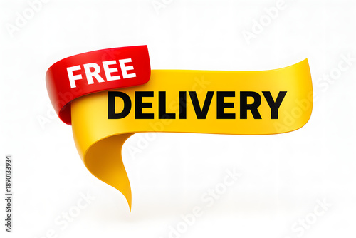 Bright and eye-catching free delivery yellow and red ribbon banner design.