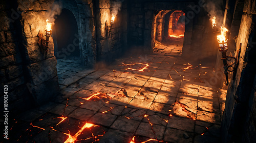 Ancient Stone Corridor with Torches.