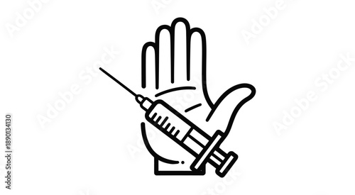 Stop drug addiction, hand with syringe, prohibition symbol against addiction, health awareness, medical danger, no drugs concept