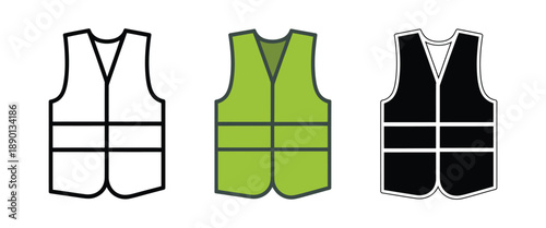 Safety vest icon set showing hi vis reflective apparel for construction worker in lime green black and outline styles for uniform design