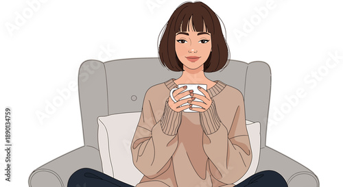 Relaxed Young Woman Enjoying a Warm Drink in a Cozy Armchair at Home, Embracing Comfort and Serenity with a Gentle Smile