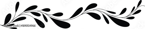 Minimalist black ink flowing line with leaf shapes, abstract vector design accent
