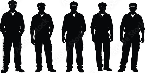 Collection, of, black, silhouettes, featuring, working, men, in, caps, representing, labor, workforce, industrial, workers, service, staff, professional, maintenance, and, crew.