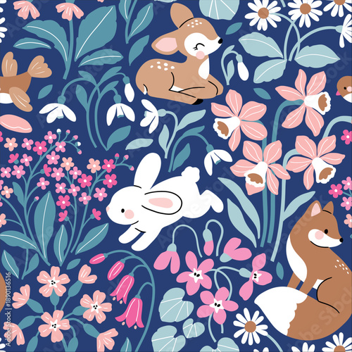 Cute woodland animals and spring flowers. 
Hand drawn floral background. Seamless vector pattern with rabbit, deer, fawn, fox and bird.