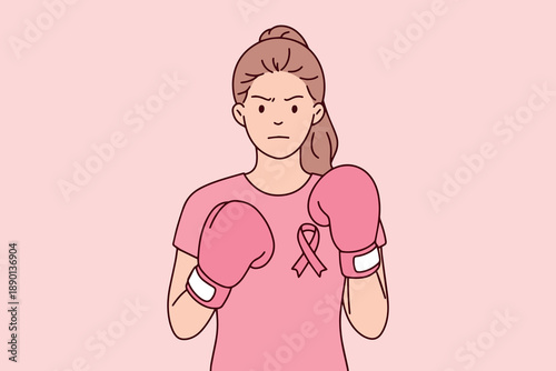 Strong female boxer wearing pink gloves and a symbolic ribbon fights against breast cancer. Concept of resilience, struggle, and determination to overcome disease during awareness month.