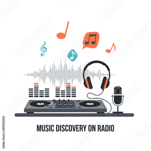 Dj turntables and headphones with music notes and sound wave