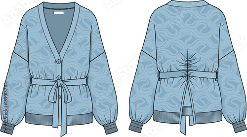 Technical CAD drawing flat vector illustration of a women's oversized knit cardigan featuring a V-neck, button front, tie-waist belt, and swirly pattern
