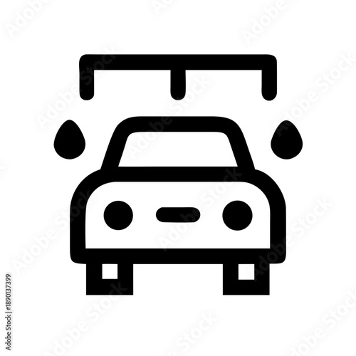 A minimalist black icon silhouette showing a car being washed, featuring a vehicle under a spray bar with water droplets, representing automotive cleaning and maintenance services.