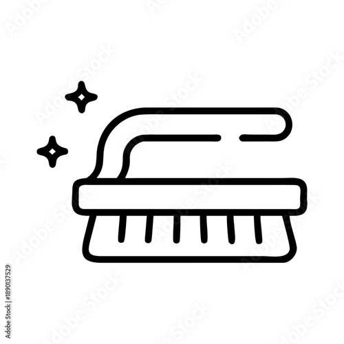 A minimalist black line icon of a handheld scrubbing brush with bristles and a handle, accompanied by two small sparkle symbols. Centered on a clean white background.