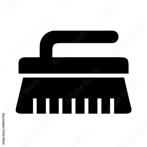 Bold black and white silhouette icon of a heavy-duty scrubbing brush with a sturdy handle. Clean vector graphic on a plain transparent, background.