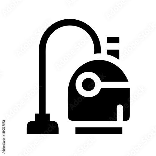 Minimalist black and white vacuum cleaner icon. Solid vector silhouette of a canister vacuum with a hose and floor brush.