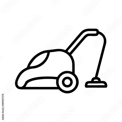 A minimalist black line icon representing a canister vacuum cleaner with a hose and nozzle. The clean vector design is centered on a solid white background.