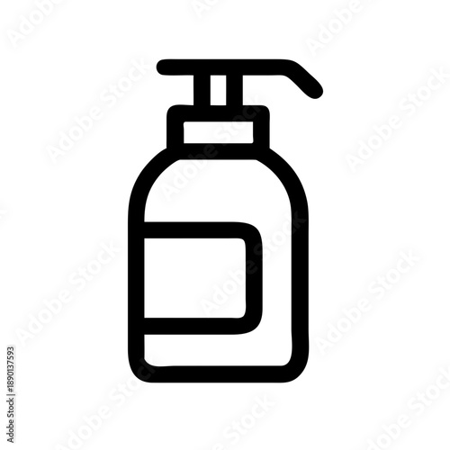 This is a black and white linear flat style vector icon for a pump dispenser. It consists of a curved pump head, a rounded bottle body, and a blank label frame in the middle of the bottle. 