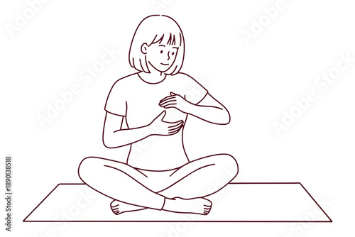 Black and white line art of a woman sitting on a yoga mat checking for breast cancer. Educational coloring sheet for medical awareness, mindfulness, and health literacy workshops.