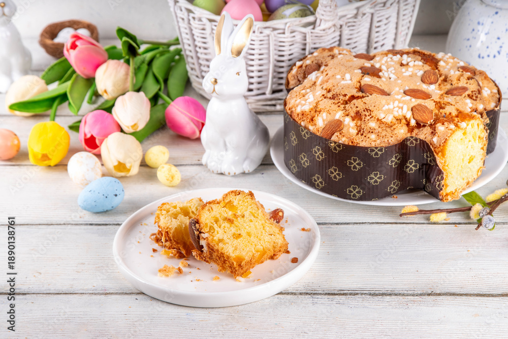 Fototapeta premium Easter Colomba Cake, Colomba di Pasqua, sweet sugared dove-shaped sponge cake