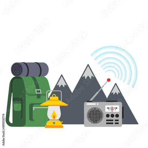 Camping backpack lantern and radio with mountain range graphic