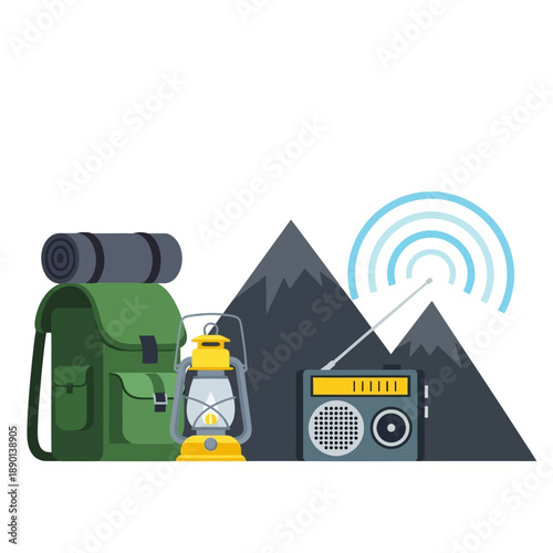 Camping backpack lantern and radio with mountain range graphic