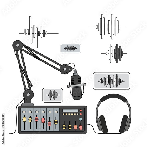 Podcast studio equipment with microphone, mixer, headphones and audio waveforms