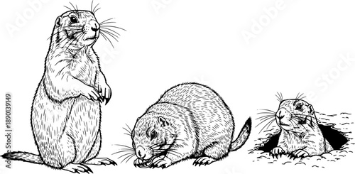 Trio of hand-drawn prairie dogs with detailed fur ringed whiskers black and white illustration
