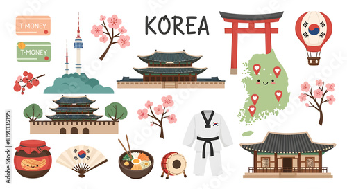 An Assortment of Korean Cultural Icons Discover South Korea's Rich Heritage Through Illustrated Landmarks, Traditional Symbols, and Daily Life Elements in a Vibrant Collection