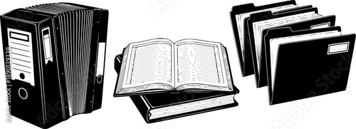 Vintage office supplies: accordion file, ledger book, document folder trio
