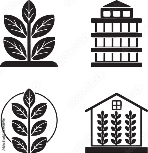 Farming icons, agriculture plant, green leaf, eco building, nature growth, smart greenhouse, organic crop, environmental sustainability
