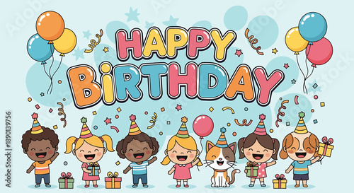 Colorful vector illustration of diverse happy children and cute animals celebrating a birthday party with balloons, presents, and confetti, capturing childhood joy