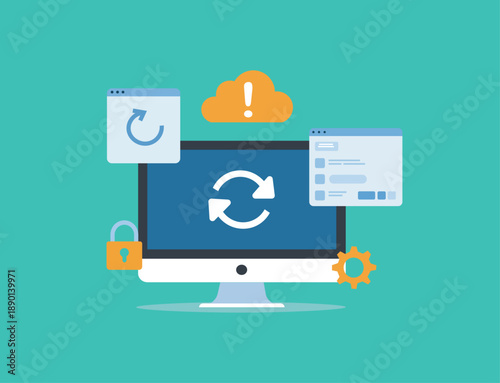 Cloud Data Synchronization and System Update Illustration with Security and Settings Vector