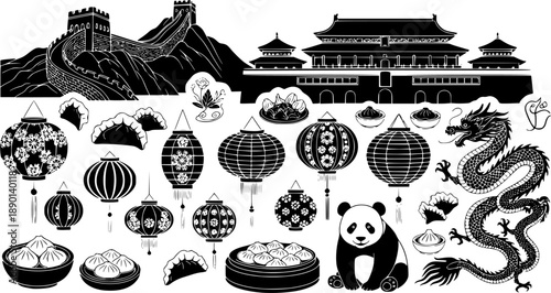 Beijing cultural icons illustrated: great wall, forbidden city, lanterns, pandas, dumplings, dragons
