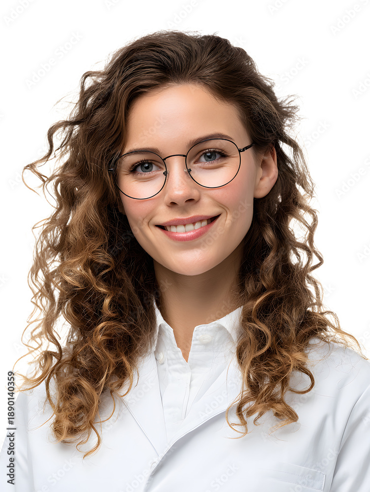 Obraz premium Young woman with curly hair and glasses smiling isolated on transparent background