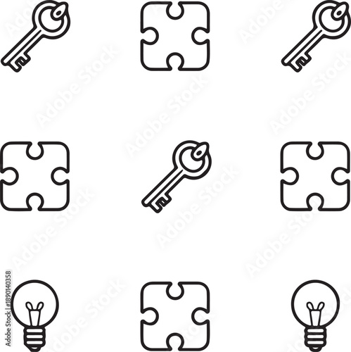 Solution icons, creative idea, puzzle piece, key lock, lightbulb symbol, problem solving, logic concept, smart innovation