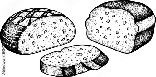 Hand-drawn bread slices sketch: three textured black and white loaves
