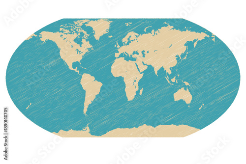 Scribble style world map illustration, hand drawn global continents with hatching texture on teal background.