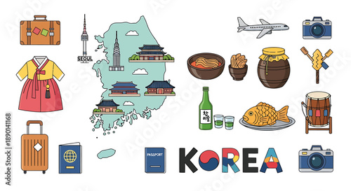 South Korea Culture and Travel Icons A vibrant vector set showcasing landmarks, traditional food, Hanbok, and journey essentials for exploring Korean heritage