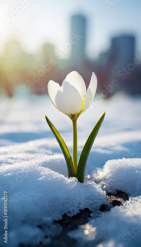 White crocus flower growing from snow with city buildings in background, new beginning concept for spring season, fresh start.